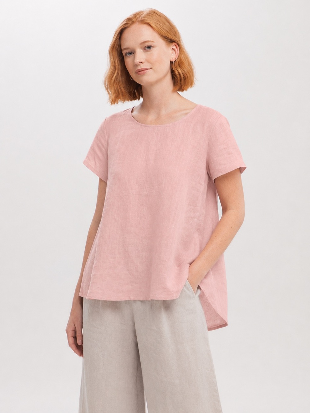 FLAX 100% Linen Blouse Short Sleeve Tunic Button Back Shirt Pink Small 581